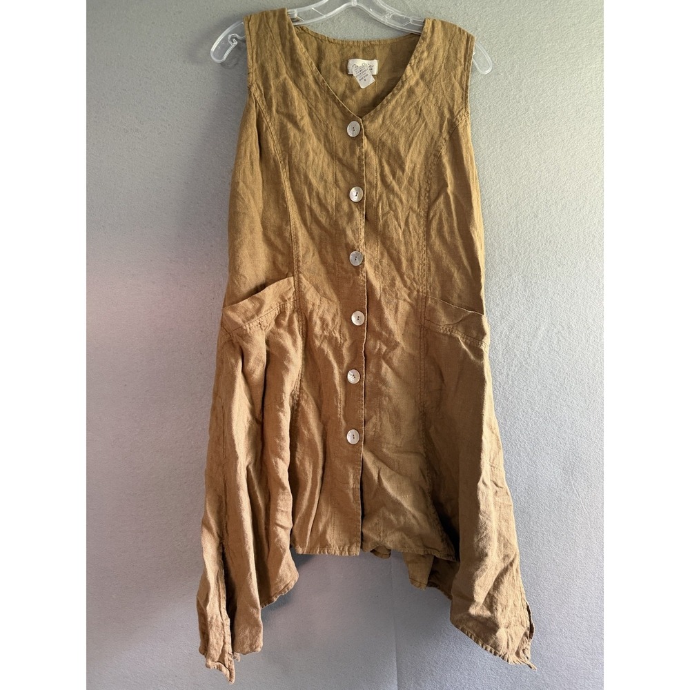 Mosaic Blouse Womens M Brown Linen Button Front Tunic Top Pockets Asym Hem